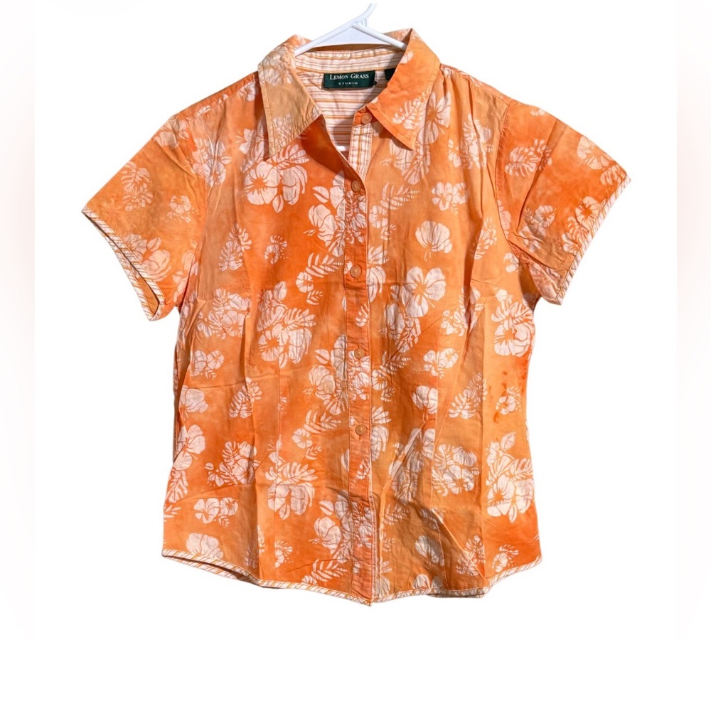 Lemon Grass Studio Orange Floral Button Front Shirt Women’s Size M Hawaiian